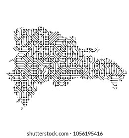 Abstract schematic map of Dominican Republic from the black printed board, chip and radio component of vector illustration