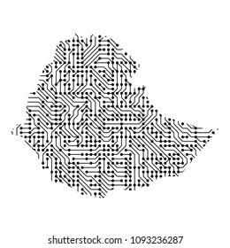 Abstract schematic map of Ethiopia from the black printed board, chip and radio component. Computer electronics processor motherboard. Vector illustration. 