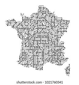 Abstract schematic map of France from the black printed board, chip and radio component of vector illustration