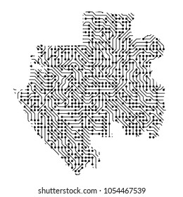 Abstract schematic map of Gabon from the black printed board, chip and radio component of vector illustration