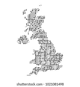Abstract schematic map of Great Britain from the black printed board, chip and radio component of vector illustration