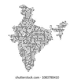 Abstract schematic map of India from the black printed board, chip and radio component. Technology, digital, computer electronics of communication and processor motherboard. Vector illustration. 