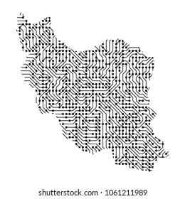 Abstract schematic map of Iran from the black printed board, chip and radio component of vector illustration