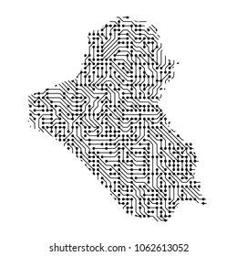 Abstract schematic map of Iraq from the black printed board, chip and radio component of vector illustration