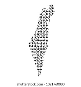 Abstract schematic map of Israel from the black printed board, chip and radio component of vector illustration