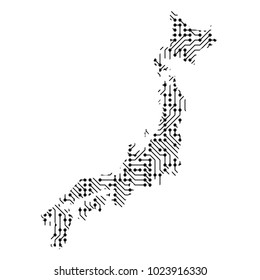 Abstract schematic map of Japan from the black printed board, chip and radio component of vector illustration