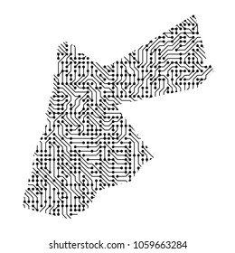 Abstract schematic map of Jordan from the black printed board, chip and radio component of vector illustration
