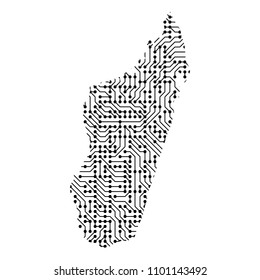 Abstract schematic map of Madagascar from the black printed board, chip and radio component. Computer electronics processor motherboard. Vector illustration. 
