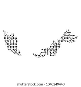 Abstract schematic map of Malaysia from the black printed board, chip and radio component of vector illustration