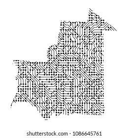 Abstract schematic map of Mauritania from the black printed board, chip and radio component. Computer electronics processor motherboard. Vector illustration. 