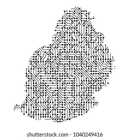Abstract schematic map of Mauritius from the black printed board, chip and radio component of vector illustration