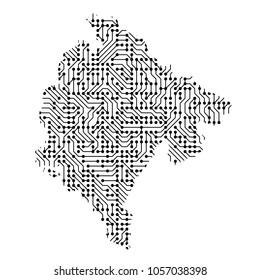 Abstract schematic map of Montenegro from the black printed board, chip and radio component of vector illustration