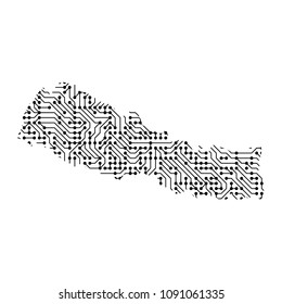 Abstract schematic map of Nepal from the black printed board, chip and radio component. Computer electronics processor motherboard. Vector illustration. 