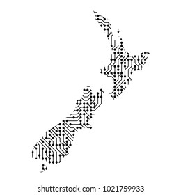 Abstract schematic map of New Zealand from the black printed board, chip and radio component of vector illustration
