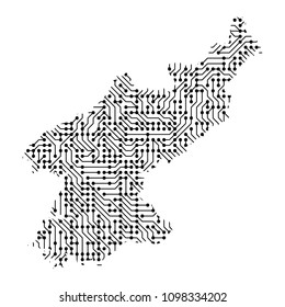 Abstract schematic map of North Korea from the black printed board, chip and radio component. Computer electronics processor motherboard. Vector illustration. 