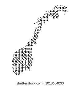Abstract schematic map of Norway from the black printed board, chip and radio component of vector illustration
