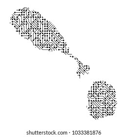 Abstract schematic map of Saint Kitts and Nevis from the black printed board, chip and radio component of vector illustration