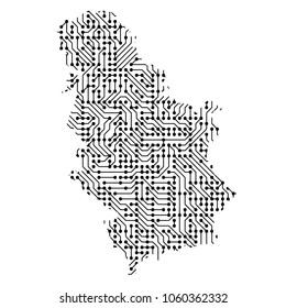 Abstract schematic map of Serbia from the black printed board, chip and radio component of vector illustration