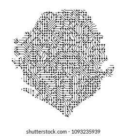 Abstract schematic map of Sierra Leone from the black printed board, chip and radio component. Computer electronics processor motherboard. Vector illustration. 
