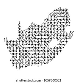 Abstract schematic map of South Africa from the black printed board, chip and radio component of vector illustration