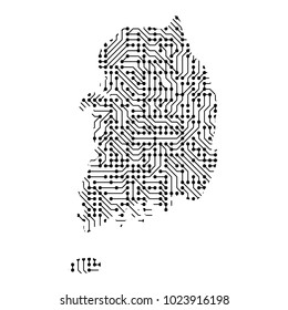 Abstract schematic map of South Korea from the black printed board, chip and radio component of vector illustration