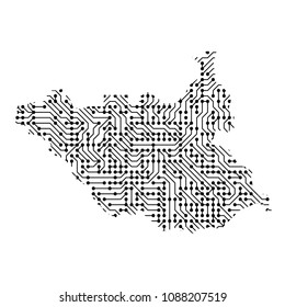 Abstract schematic map of South Sudan from the black printed board, chip and radio component. Computer electronics processor motherboard. Vector illustration. 