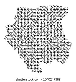 Abstract schematic map of Suriname from the black printed board, chip and radio component of vector illustration