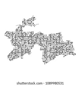 Abstract schematic map of Tajikistan from the black printed board, chip and radio component. Computer electronics processor motherboard. Vector illustration. 
