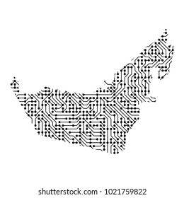 Abstract schematic map of United Arab Emirates from the black printed board, chip and radio component of vector illustration