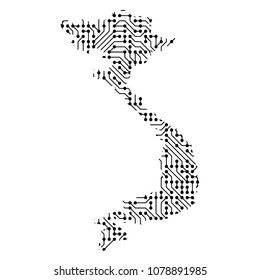 Abstract schematic map of Vietnam from the black printed board, chip and radio component of vector illustration