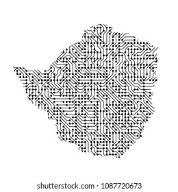Abstract schematic map of Zimbabwe from the black printed board, chip and radio component. Computer electronics processor motherboard. Vector illustration. 
