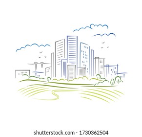 Resumen del paisaje urbanístico esquemático de megapolice grande en estilo de ilustración de pincel