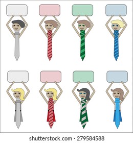Abstract schematic woman and man businessmen, civil servants, in a tie held over his head poster for text