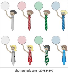 Abstract schematic woman and man businessmen, civil servants, in a tie held over his head poster for text