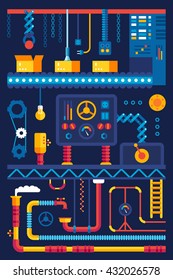 Abstract scheme of engineering processes and control system. Colored flat vector illustration on blue background 