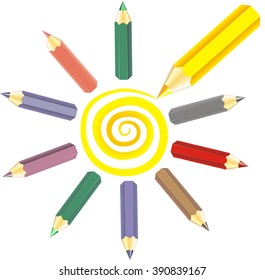 Abstract school background. Colorful pencils drawing sun