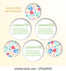 Abstract school infographics with cut out paper circles text three options and colorful icons vector illustration