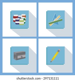 Abstract school objects on a blue square on a white background