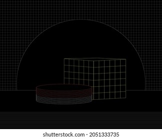 Abstract Sci Fi Technology Stylish Retro Cylinder and Box Podium for Product Display with Black and White Line Grid Background Vector Illustration