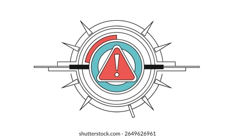 Abstract sci fi warning signal emblem with exclamation mark inside circle and modern geometric design elements
