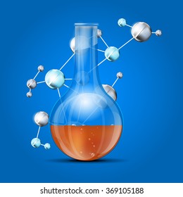 Abstract science background with molecules and chemical flask - vector illustration