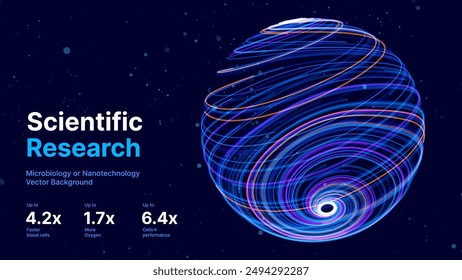 Abstract Science Cell Scientific Medical Research Background. Blue 3D Sphere Backdrop Particles Effect. Futuristic Chemistry Physics Microbiology Concept. Tech BG Vector Illustration.