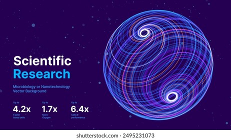 Abstract Science Cell Scientific Medical Research Background. Blue 3D Sphere Backdrop Particles Effect. Futuristic Chemistry Physics Microbiology Concept. Tech BG Vector Illustration.