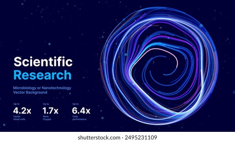 Abstract Science Cell Scientific Medical Research Background. Blue 3D Sphere Backdrop Particles Effect. Futuristic Chemistry Physics Microbiology Concept. Tech BG Vector Illustration.