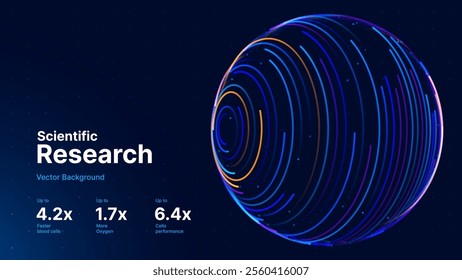 Abstract Science Cell Scientific Medical Research Background. Blue 3D Sphere Backdrop Particles Effect. Futuristic Chemistry Physics Microbiology Concept. Tech BG Vector Illustration.