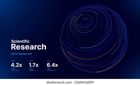 Abstract Science Cell Scientific Medical Research Background. Blue 3D Sphere Backdrop Particles Effect. Futuristic Chemistry Physics Microbiology Concept. Tech BG Vector Illustration.