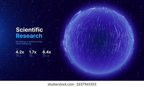 Abstract Science Cell Scientific Medical Research Background. Blue 3D Sphere Backdrop Particles Effect. Futuristic Chemistry Physics Microbiology Concept. Tech BG Vector Illustration.
