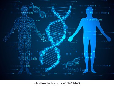 abstract science concept humans body digital link and DNA hi tech on binary background,The modernization of technology transmits information into the digital body via DNA.