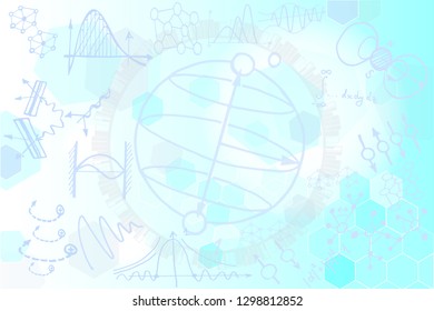 Abstract science concept light blue pattern with hand drawn sketch elements. Vector background with decorative formulas and graphs. 