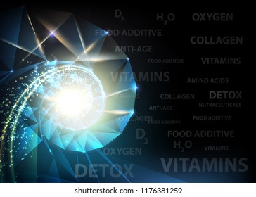 Abstract science design with polygons and triangles. Dna molecule spyral background. Vector illustration.